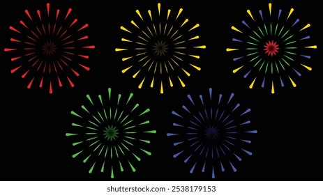 Fogos de artifício à noite. Grande conjunto de vários fogos de artifício com brilhantes faíscas. Mostra pirotécnica colorida. Conjunto de ícones de fogos de artifício para Aniversário, Ano Novo, Aniversário, Festa, Celebrar, Festival. FlaLanguage