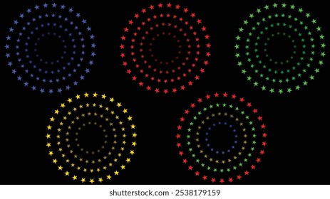 Fogos de artifício à noite. Grande conjunto de vários fogos de artifício com brilhantes faíscas. Mostra pirotécnica colorida. Conjunto de ícones de fogos de artifício para Aniversário, Ano Novo, Aniversário, Festa, Celebrar, Festival. FlaLanguage