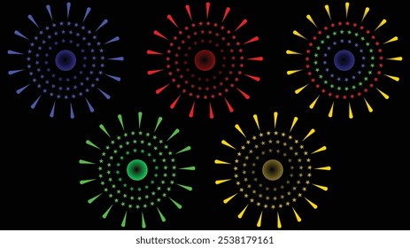 Fuegos artificiales en la noche. Gran conjunto de varios fuegos artificiales con chispas brillantes. Espectáculo de pirotecnia colorida. Conjunto de iconos petardos para aniversario, año Nuevo, cumpleaños, fiesta, celebrar, festival. Fla