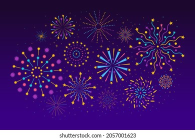 Fireworks in night sky, abstract holiday celebration background. Colorful salutes festive firework, holiday or birthday party vector illustration. New year or birthday event cartoon