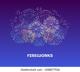 Сelebration fireworks in the night sky.Vector illustration of Festive firecracker  in cartoon simple flat style.