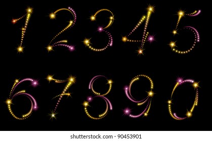 Fireworks numbers. Vector set of fireworks numbers on black background.