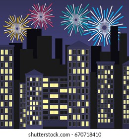 Fireworks on a background of a night city. Night cityscape. Flat design, vector illustration, vector.
