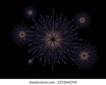 Fuegos artificiales sobre fondo negro usados en Año Nuevo Feliz 2024 con fuegos artificiales sobre fondo abstracto oscuro, para Calendario, diseño de afiches