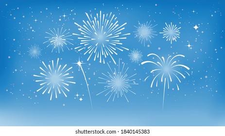 Fireworks on blue sky. Festival of fireworks. Vector illustration