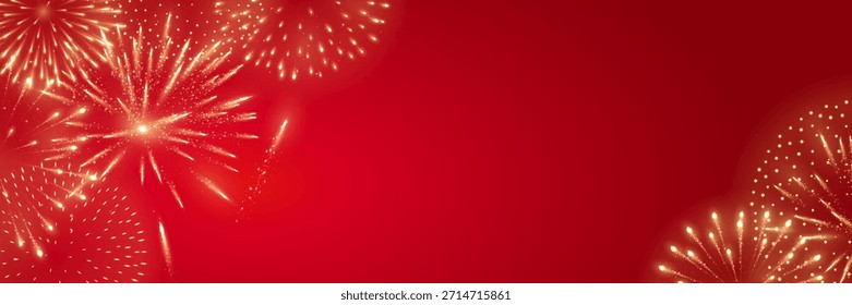 Fireworks on festive red background with golden sparkling bursts along the edges, decorative celebration design for Lunar New Year, Chinese New Year, Independence Day and party events.