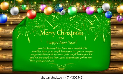 Fireworks on the folded Christmas paper with Christmas and New Year. Postcard or invitation to the winter theme on the background of the board.