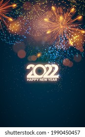 Fireworks on New Year's Eve. Fireworks in honor of the 2022 New Year. Beautiful holiday web banner or billboard with text Happy New Year 2022 on the background of fireworks.