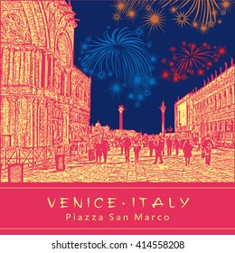 Fireworks on Piazza San Marco in Venice, Italy. Vector engraved Image in red, yellow and blue colors.
EPS 10. Easy editable image. Result of Auto-Trace.