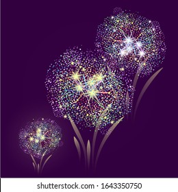 Fireworks on the purple background. Vector illustration