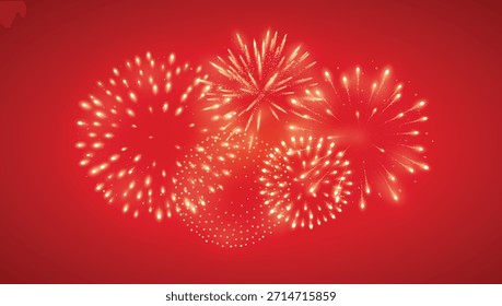 Fireworks on red background with bright golden sparkles, festive luxury backdrop for Lunar New Year, Chinese New Year, Independence Day, Victory Day and congratulations events.
