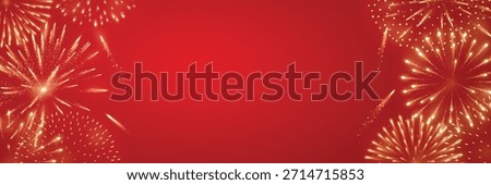 Fireworks on red background with golden glowing bursts and open copy space, festive holiday backdrop suitable for Lunar New Year, Chinese New Year, Independence Day and Victory Day celebrations.
