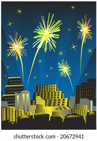 fireworks on the sky and city silhouettes