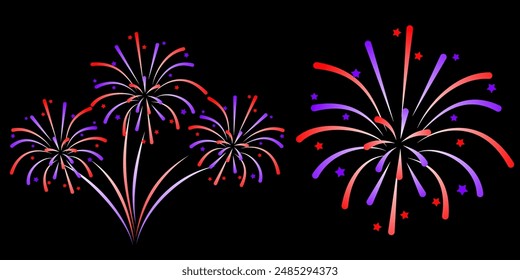 Fireworks on the sky, festival, happy new year, purple, red, set of fireworks, red and purple stars 