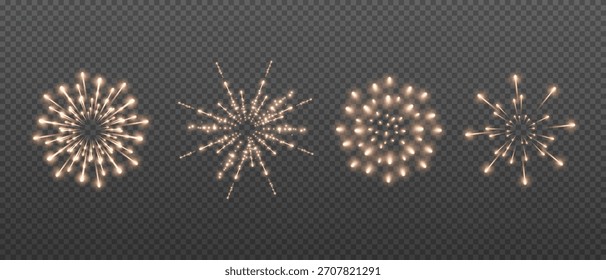 Fuegos artificiales sobre un fondo transparente con chispas brillantes y destellos coloridos, gráficos de Vector.	