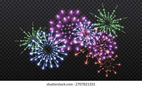 Fireworks em um plano de fundo transparente com faíscas brilhantes e flashes coloridos, gráficos vetoriais.	