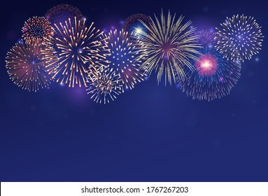 Fireworks on twilight background vector illustration. Bright salute explosion with gradient glowing effect isolated on dark blue.