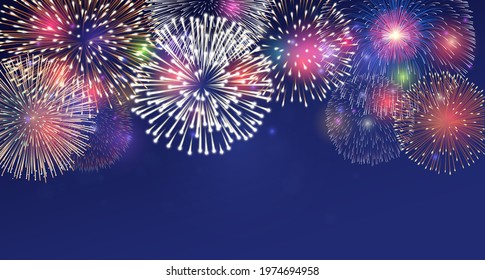 Fireworks on twilight background, vector illustration. Bright salute explosion with glowing effect isolated on dark blue.
