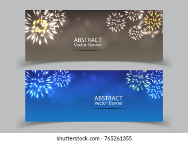  Fireworks on twilight banner background vector. Firework new year holiday celebration.