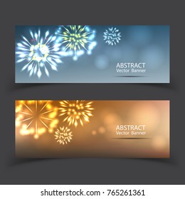  Fireworks on twilight banner background vector. Firework new year holiday celebration.