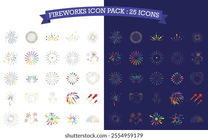 Fireworks ornaments and element icon set. Flat design. Party costume clothing party set and card invitation.Included in dark and light style