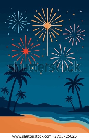 Fireworks Over Beach New Year Flat Vector