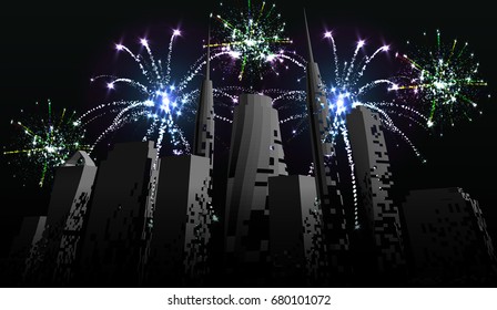 Fireworks over the city. Celebrating holidays. Light effects
