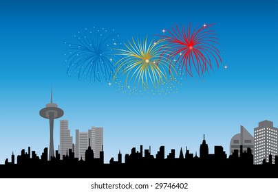 Fireworks over city silhouette
