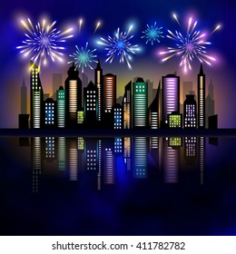 Fireworks over the city. Skycrapers and fireworks. City skyline. City vector illustration