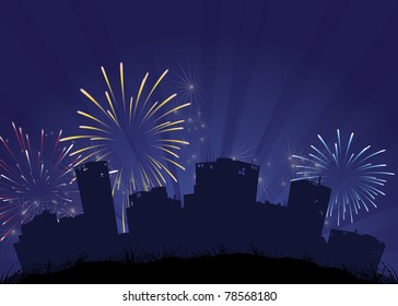 Fireworks over city skyline silhouette