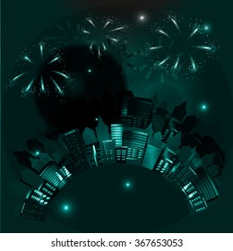 Fireworks over the city. Vector illustration.