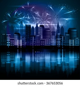 Fireworks over the city. Vector illustration.