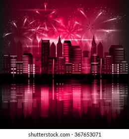 Fireworks over the city. Vector illustration.