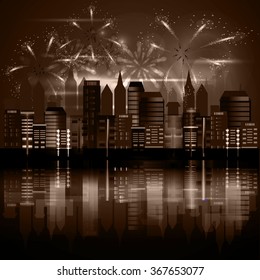 Fireworks over the city. Vector illustration.