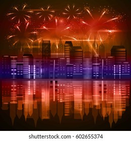 Fireworks over the city. Vector illustration
