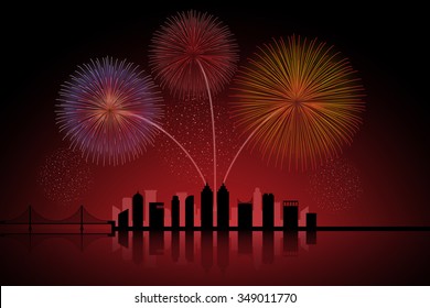 Fireworks over cityscape skyline - a vector illustration.