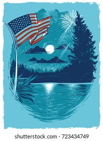Fireworks Over a Lake on 4th of July in the Style of a Screen-Printed Poster