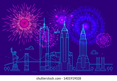 Fireworks over New York. Line New York vector design. Happy independence day 4th July background