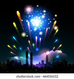 Fireworks over the Night City. Holiday or Celebration Time.