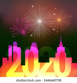 Fireworks Over the Night City. Merry Christmas and Happy New Year 2020 Background, Template. Christmas Greeting Card. Vector Illustration.