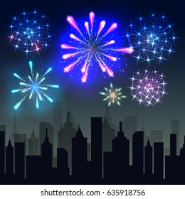 Fireworks over the night city, panoramic cityscape. Vector.