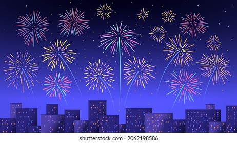 Fireworks over night city. Town celebrate holiday with firework show, night town buildings with glowing windows cityscape vector illustration