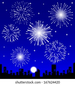 Fireworks  over the Night City, vector illustrated 