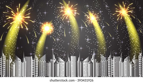 Fireworks over the night city. Vector illustration