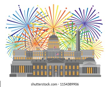 Fireworks over Washington DC Monuments Landmarks Capitol and Memorials Collage Isolated on White background Illustration