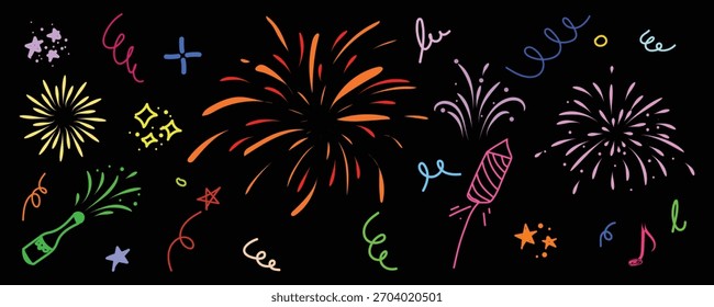Fogos de artifício e elementos da festa estão espalhados por um pano de fundo preto, criando um design festivo vibrante perfeito para celebrações como a véspera de Ano Novo ou festas de aniversário, adicionando um toque de diversão.