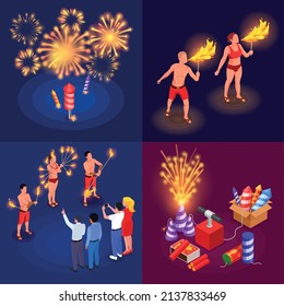 Fireworks party fire show and pyrotechnics 2x2 isometric compositions set isolated vector illustration