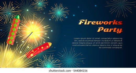 Fireworks party web barner in cartoon style. Collection of pyrotechnics vector illustration of colourful firework rockets exploding in night sky. New Year attributes firecrackers christmas decorations