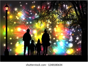 Fireworks Party.Silhouette Family.