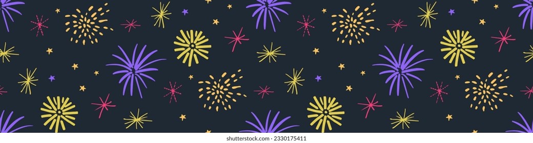 Fireworks pattern, seamless texture. Celebration horizontal banner. Vector illustration of firework